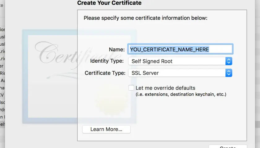 Asistente de Certificados: Crea tu certificado digital en Mac. Introduce el nombre, tipo de identidad y tipo de certificado.