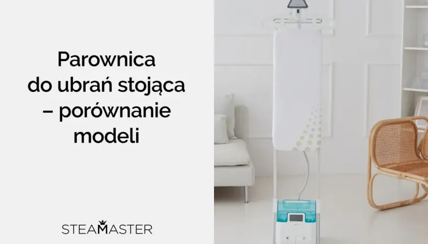 Stojąca parownica do ubrań z niebieskim zbiornikiem na wodę.