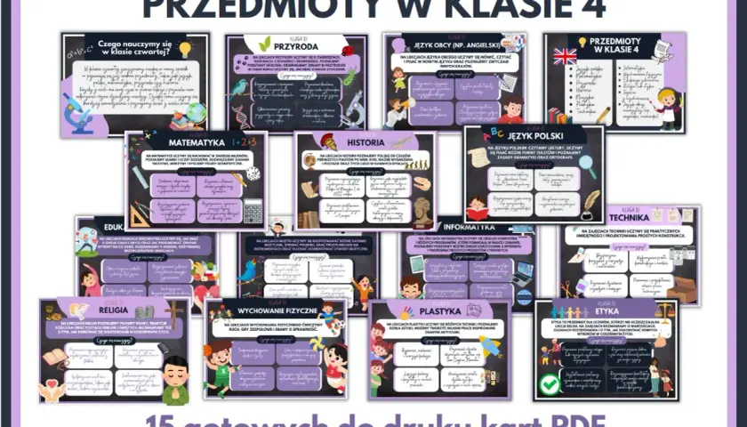 Przedmioty w 4 klasie: przyroda, matematyka, historia, język polski, angielski, informatyka, technika, plastyka, wychowanie fizyczne, edukacja zdrowotna, religia, etyka.