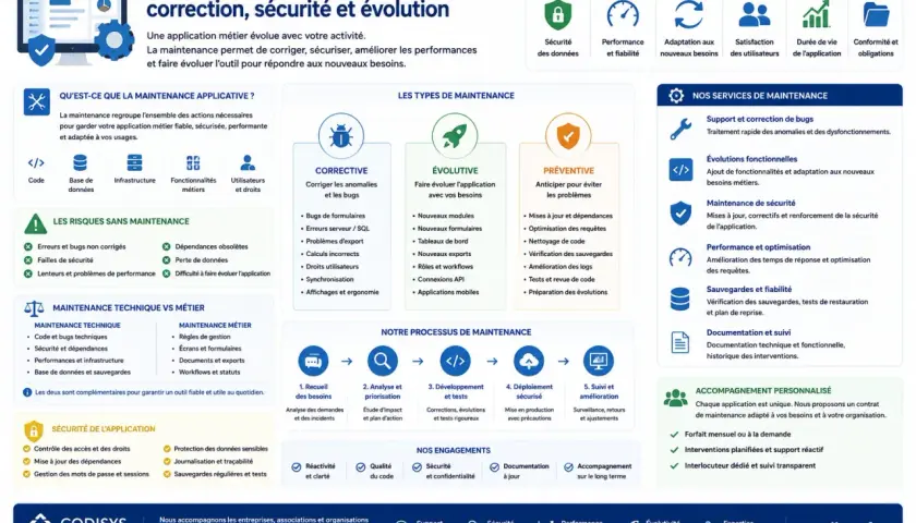 Schéma expliquant la maintenance applicative : correction, sécurité, évolution. Il détaille les types de maintenance (corrective, évolutive, préventive), les risques sans maintenance, le processus, les services et les engagements.