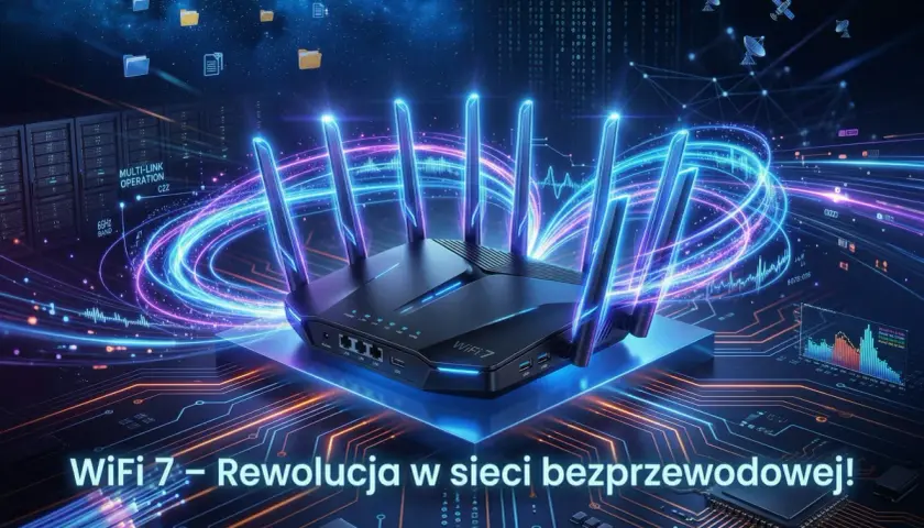 Router WiFi 7 z neonowymi falami danych, symbolizujący rewolucję w łączności bezprzewodowej.