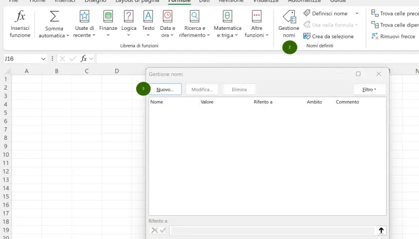 Gestione nomi in Excel, utile per definire nomi per formule, come la funzione lambda.