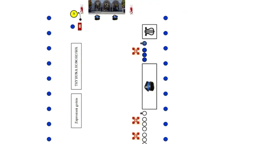 Schemat ustawienia asysty honorowej PSP. Widoczne punkty symbolizujące żołnierzy, trybuna honorowa, zaproszeni goście i elementy symboliczne, jak odznaczenia PSP.
