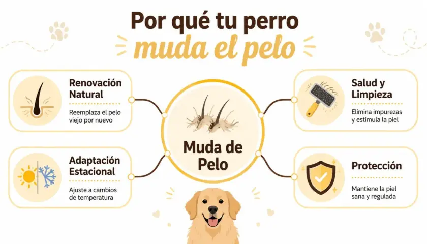 Infografía explica por qué tu perro muda el pelo: renovación natural, adaptación estacional, salud y limpieza, y protección.