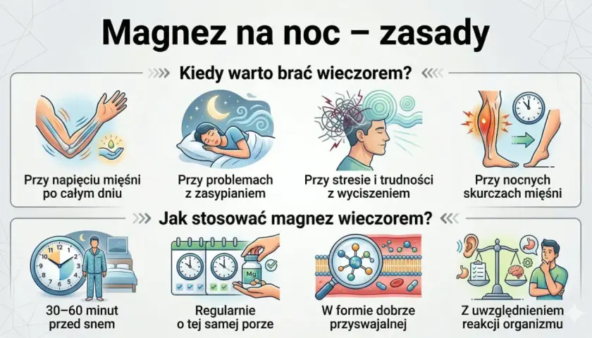 Kiedy najlepiej brać magnez? Warto wieczorem, gdy masz napięcie mięśni, problemy ze snem, stresem, skurcze lub trudności z wyciszeniem. Stosuj 30-60 minut przed snem.