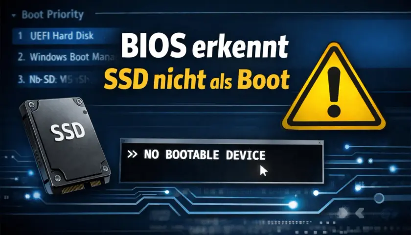 BIOS erkennt SSD nicht als Boot. Warnsymbol und "NO BOOTABLE DEVICE" Meldung.