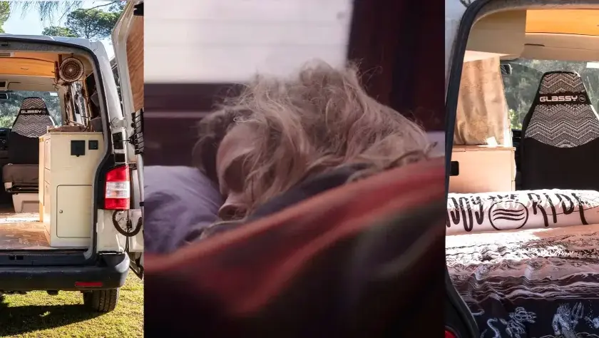 Aménagement intérieur d'un camping-car pour savoir où dormir en camping car. Une personne dort paisiblement dans son lit douillet.