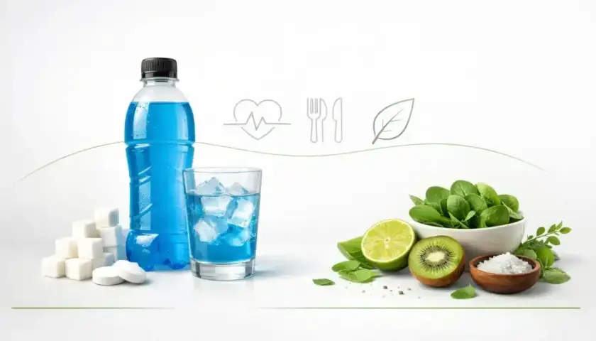 Niebieski napój sportowy, kostki cukru i tabletki obok szklanki z lodem. Po drugiej stronie miska ze szpinakiem, limonka, kiwi i sól. Czy Oshee nawadnia?