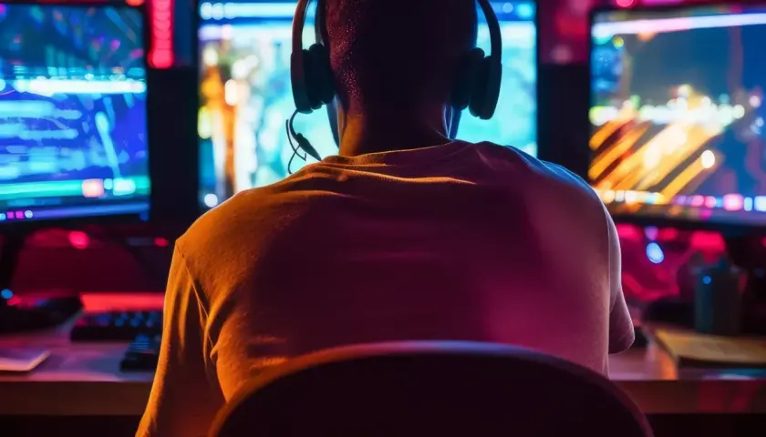 Gracz w słuchawkach przed wieloma monitorami, szukający darmowych gier na Steam.