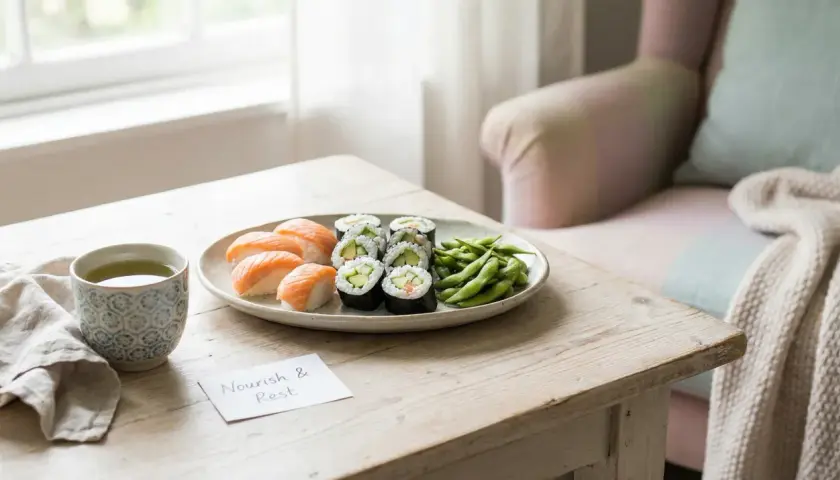 En tallrik med sushi, edamame och en kopp te på ett träbord. En påminnelse om att "Nourish & Rest" kan vara perfekt för en sushi gravid.