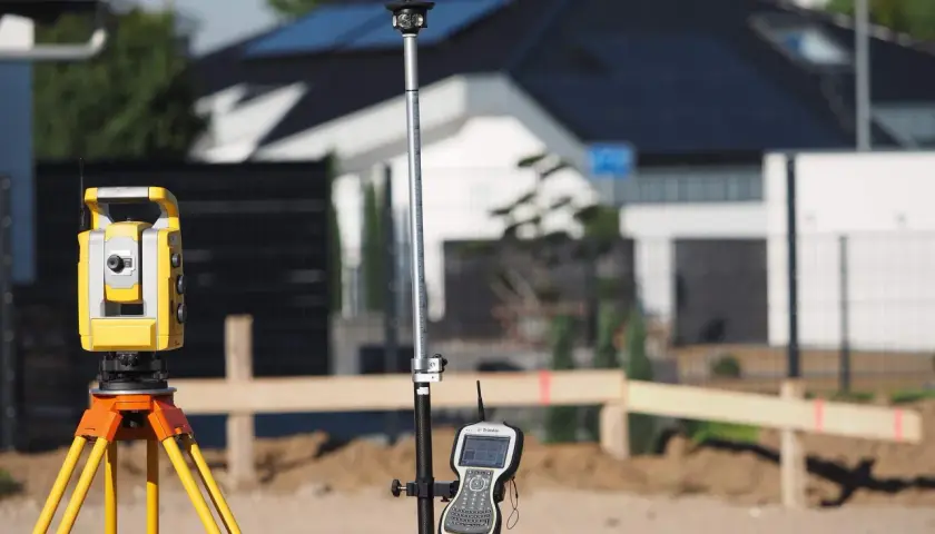 Żółty tachimetr geodezyjny i tyczka z odbiornikiem GPS na budowie.
