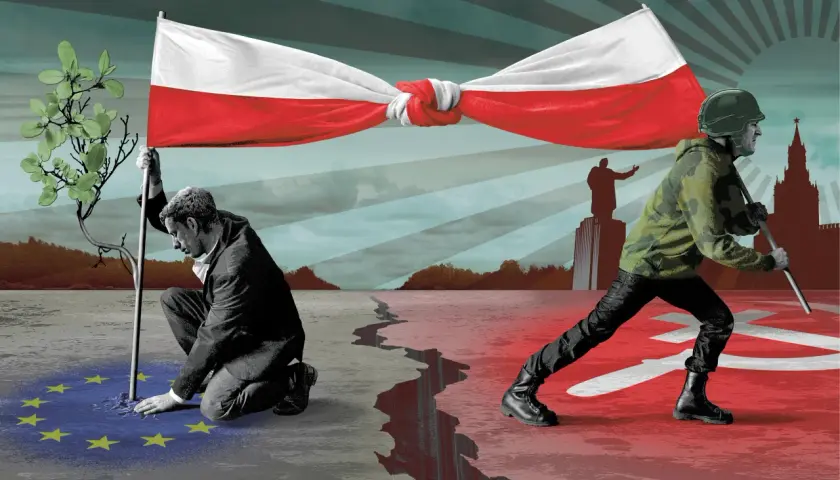 Symboliczna ilustracja Polski podzielonej między UE a Wschód, z ludźmi reprezentującymi różne obozy.