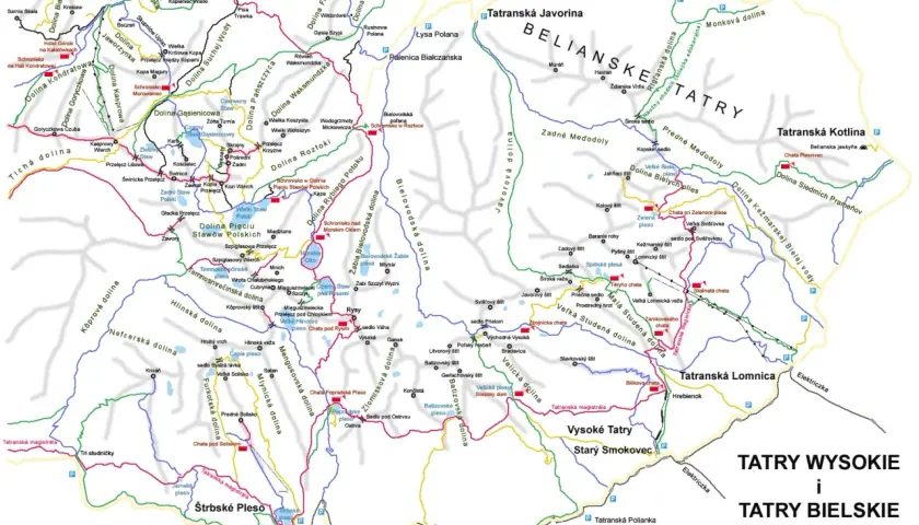 Mapa Tatr Wysokich i Bielskich z zaznaczonym szlakiem turystycznym, schroniskami i szczytami.