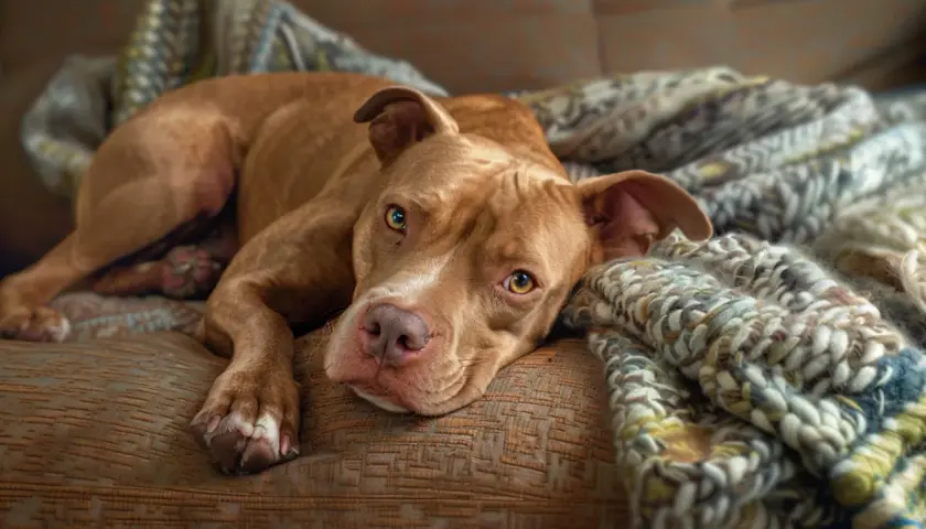 Słodki pitbull odpoczywa na kanapie, otulony kocem. Czy pitbull jest groźny? Ten piesek wygląda na łagodnego.