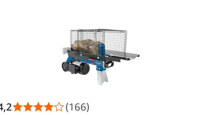 Blauer Scheppach holzspalter 4t mit einem Holzstamm, bereit zum Spalten.