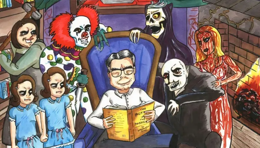 Stephen King w otoczeniu postaci z jego horrorów: Pennywise, bliźniaczki Grady, Jack Torrance, Dracula, śmierć i kobieta w czerwonej sukni.