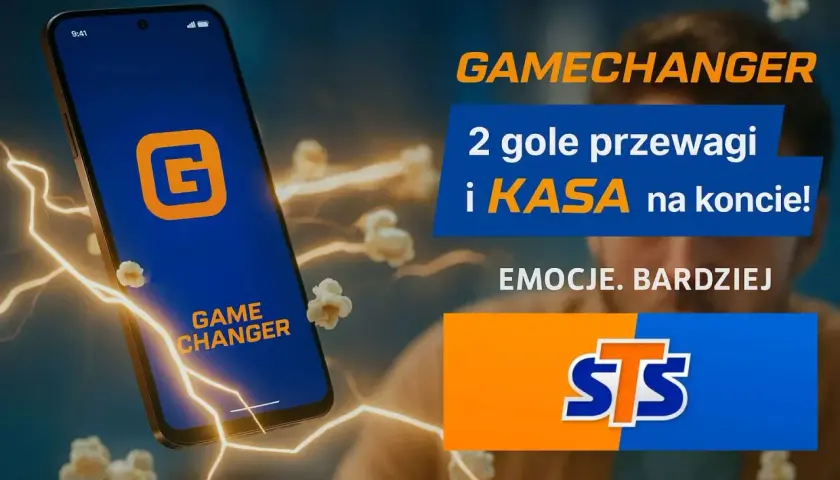 Telefon z aplikacją GAMECHANGER, błyskawice, popcorn. "2 gole przewagi i KASA na koncie!" - to znaczy, że wygrana jest pewna!