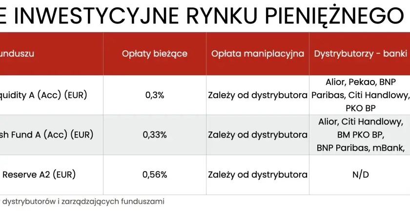 Tabela porównująca fundusze inwestycyjne rynku pieniężnego w euro. Sprawdź opłaty i dystrybutorów dla inwestycji w euro.