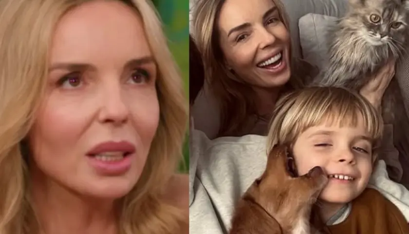 Agnieszka Włodarczyk z dziećmi i kotem. Uśmiechnięta mama, jej syn i piesek.