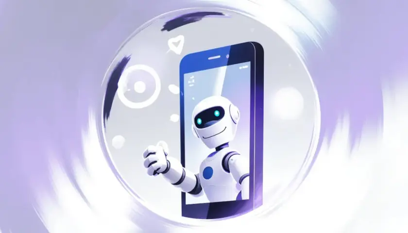 Uśmiechnięty robot z niebieskimi oczami wychyla się z ekranu smartfona, pokazując kciuk w górę. To symbol nowoczesnego wykorzystania sztucznej inteligencji w codziennym życiu.