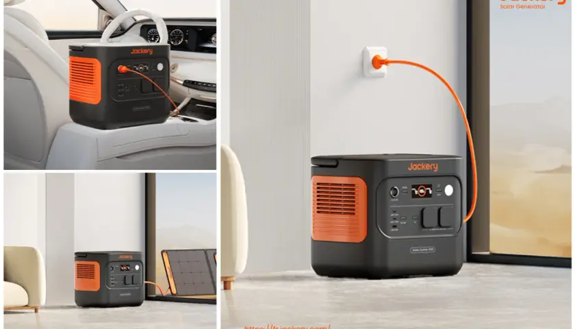 Station d'énergie Jackery en voiture, branchée au mur, et avec panneau solaire. Idéal pour savoir combien de temps pour recharger une batterie auxiliaire en roulant.