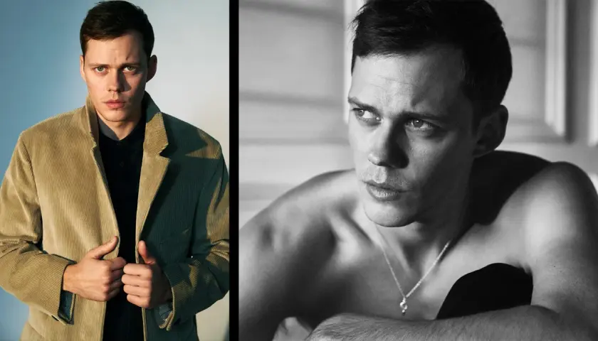 Bill Skarsgård, känd från rollistan i Clark, i en manchesterkavaj och en närbild i svartvitt.