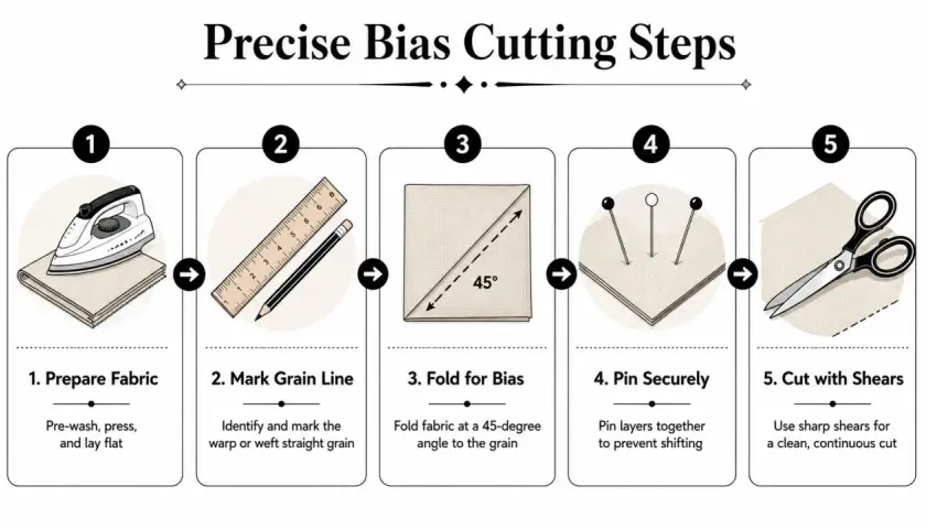 Steps for precise bias cutting: prepare fabric, mark grain line, fold fabric at 45 degrees, pin layers, and cut with shears.