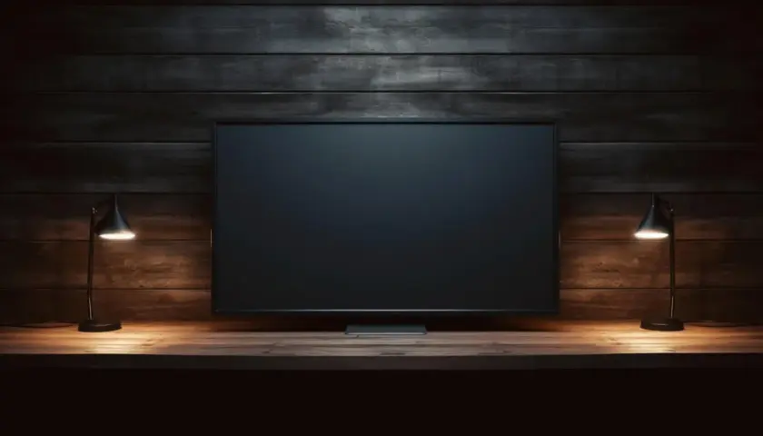 Ciemny ekran telewizora, dwie lampki po bokach, drewniana ściana i półka. Brak obrazu w telewizorze, tylko pustka.