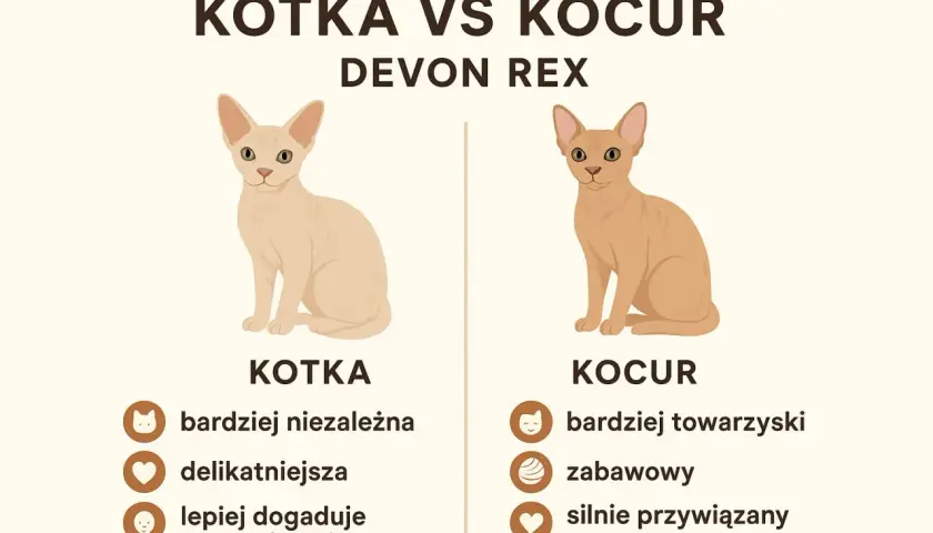 Ilustracja porównująca kotkę i kocura rasy Devon Rex, z ich cechami charakteru.