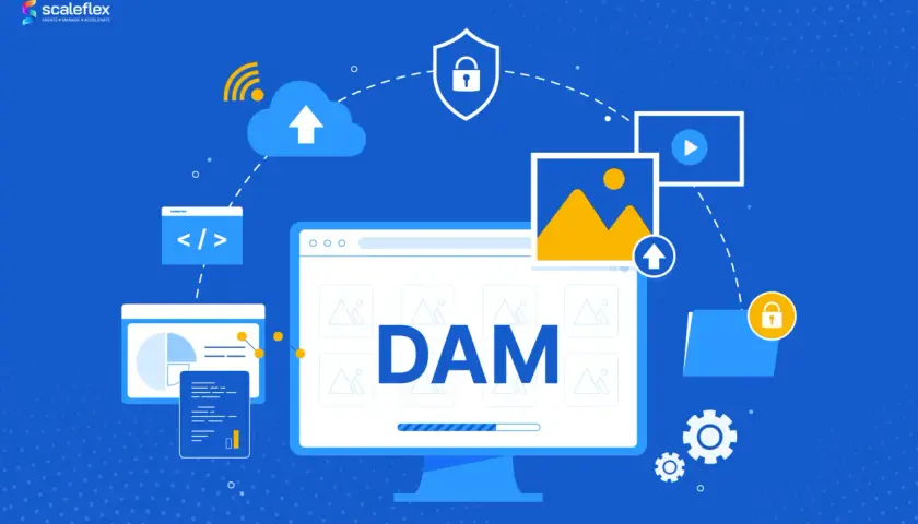 Illustration d'un système DAM d'entreprise : gestion de contenu visuel, sécurité, stockage cloud et analyse de données.