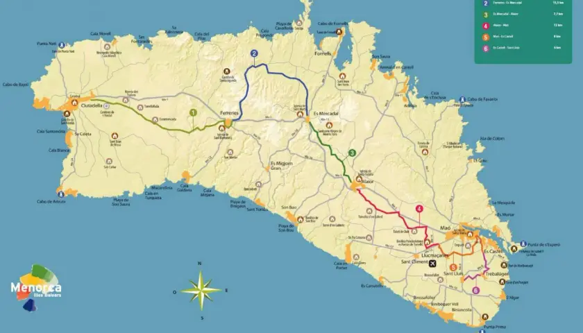 Mapa de Menorca con rutas ciclistas señalizadas. El carril bici de Menorca te lleva a descubrir la isla.