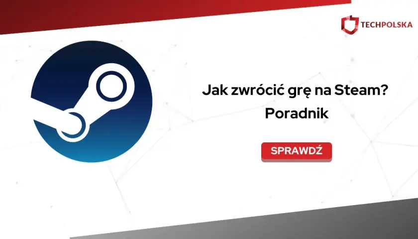 Logo Steam i tekst "Jak zwrócić grę na Steam? Poradnik". Dowiedz się, ile się oczekuje na pieniądze Steam po zwrocie.