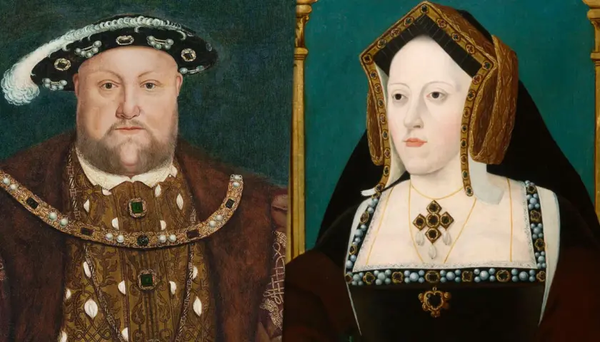 Portret króla Henryka VIII Tudora i jego żony. Król w bogatym stroju, królowa w ozdobnym nakryciu głowy.