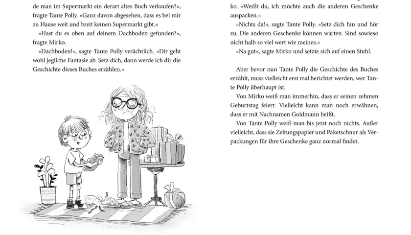 Mirko und Tante Polly stehen vor Geschenken. Tante Polly erzählt Mirko die Geschichte eines neuen Buches von Paul Maar.