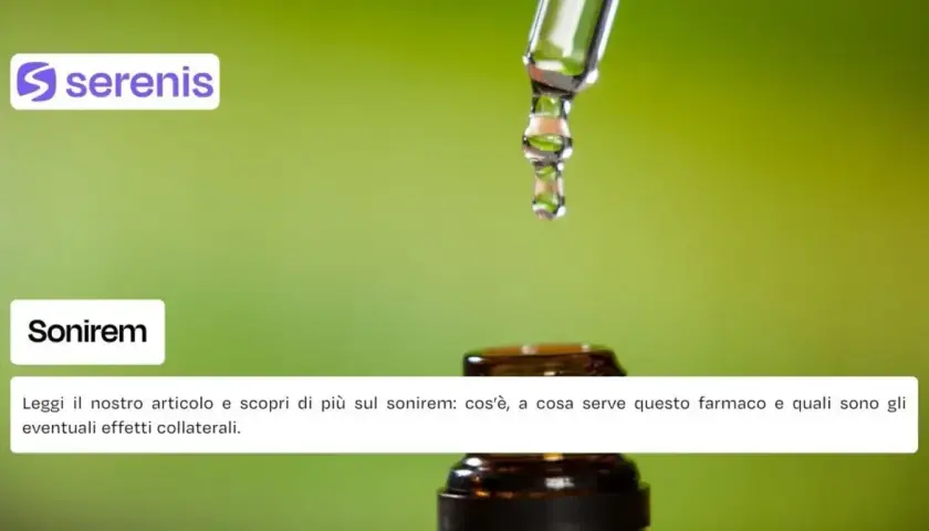 Goccia di liquido da un contagocce, con testo che menziona "Sonirem" e il suo principio attivo.