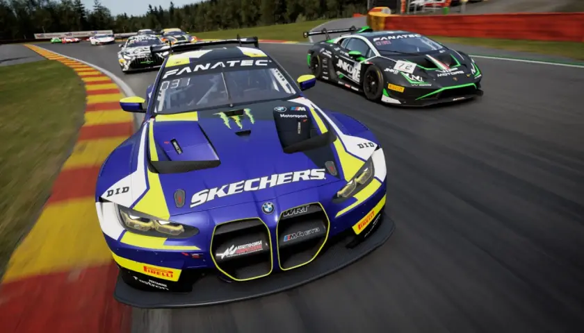 Wyścigowe BMW M4 GT3 i Lamborghini ścigają się na torze. Poczuj emocje najlepszych gier wyścigowych!