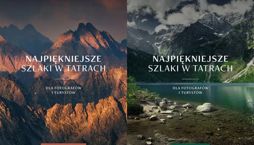 Dwa okładki książek o szlakach w Tatrach. Po lewej złociste szczyty, po prawej jezioro i skaliste góry.