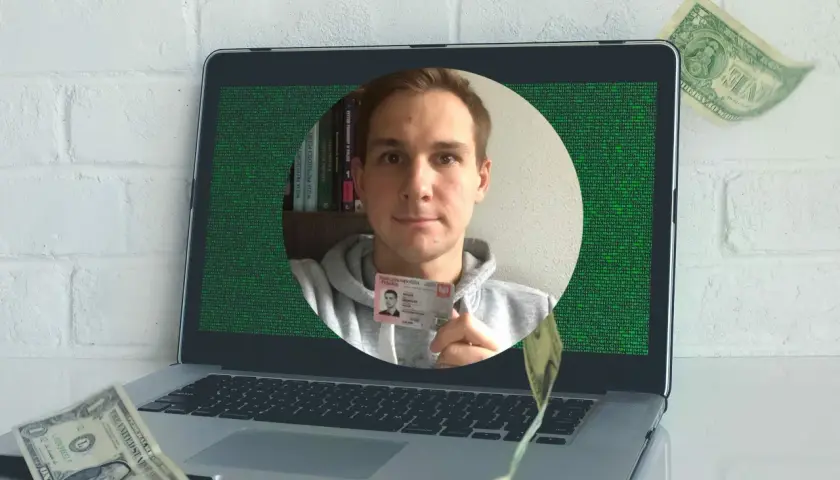 Potwierdzenie tożsamości Vinted: mężczyzna pokazuje dowód osobisty na tle ekranu z kodem i dolarami.