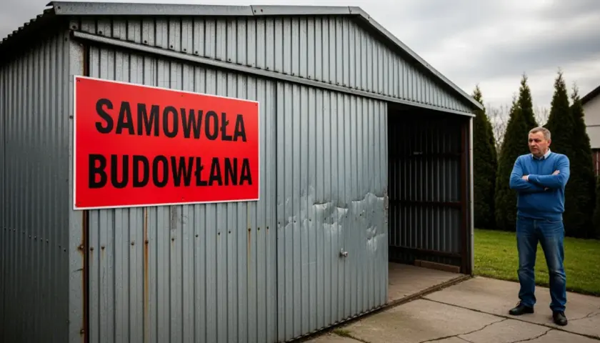 Mężczyzna stoi obok blaszaka z napisem "Samowola budowlana". Kara za postawienie go bez zgłoszenia jest widoczna na jego zmartwionej twarzy.