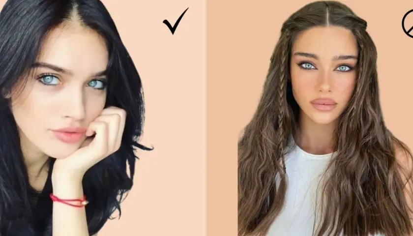Famosas colorimetria invierno: cabello oscuro y ojos claros resaltan. Cabello castaño con trenzas no favorece.