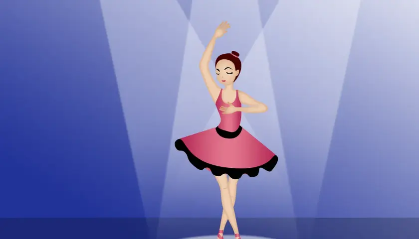 Ballerina in tutù rosa, con un elegante piede a punta, esegue una posa aggraziata sotto i riflettori.