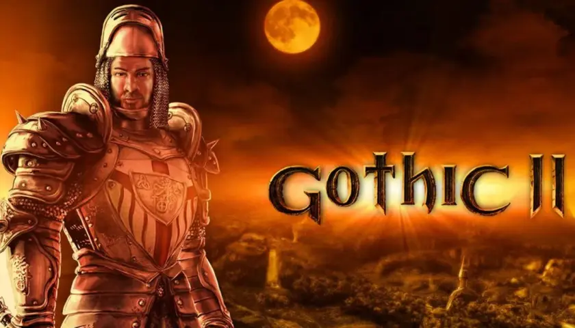 Rycerz w zbroi pod pełnią księżyca, obok napis Gothic II. Szukasz kodów do gry?