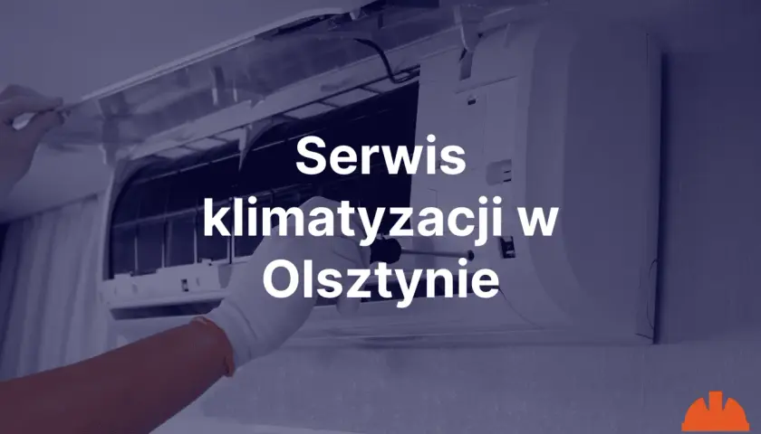 Ręka w białej rękawiczce naprawia klimatyzację. Napis: Serwis klimatyzacji w Olsztynie.