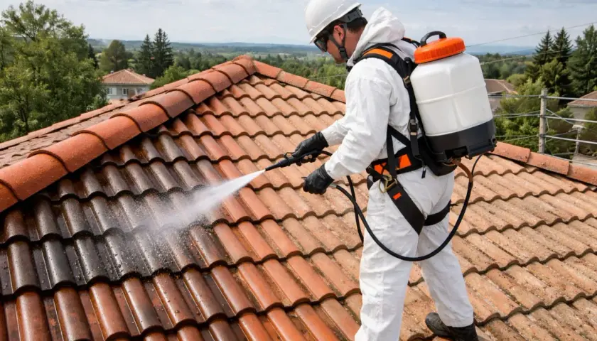 Un couvreur en tenue de protection pulvérise un traitement sur un toit en tuiles rouges.