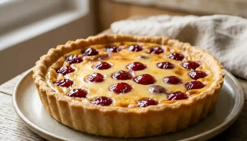 Un délicieux flan aux cerises, avec sa croûte dorée et sa garniture crémeuse parsemée de fruits rouges brillants.