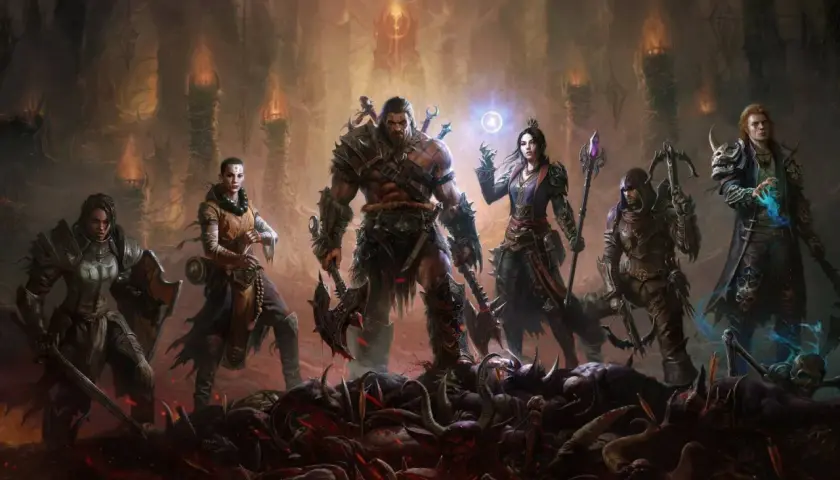 Siedmiu bohaterów Diablo Immortal na PS4, stojących na stosie pokonanych wrogów, gotowych do walki w mrocznym świecie.