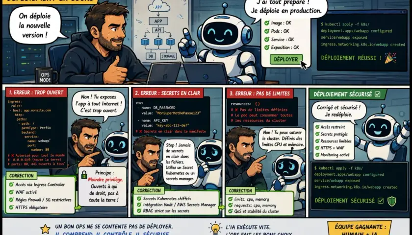 Un développeur et un robot travaillent sur un déploiement. Le robot signale des erreurs de sécurité, mais le développeur corrige le code pour un déploiement sécurisé, comme sur un azure blog.
