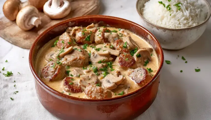 Herzhaftes schweinefilet mit champignons in cremiger Soße, garniert mit Petersilie. Daneben eine Schüssel Reis.