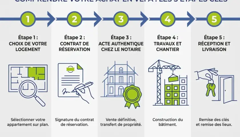 Comprendre les 5 étapes clés pour acheter dans le neuf en VEFA : choix du logement, contrat, acte notarié, travaux, réception.