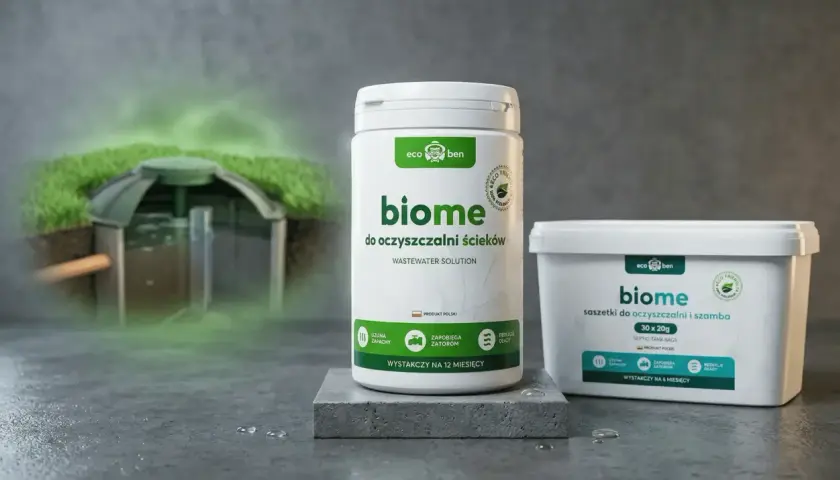Produkty "biome" do oczyszczalni ścieków i szamba, z zieloną mgiełką nad oczyszczalnią.